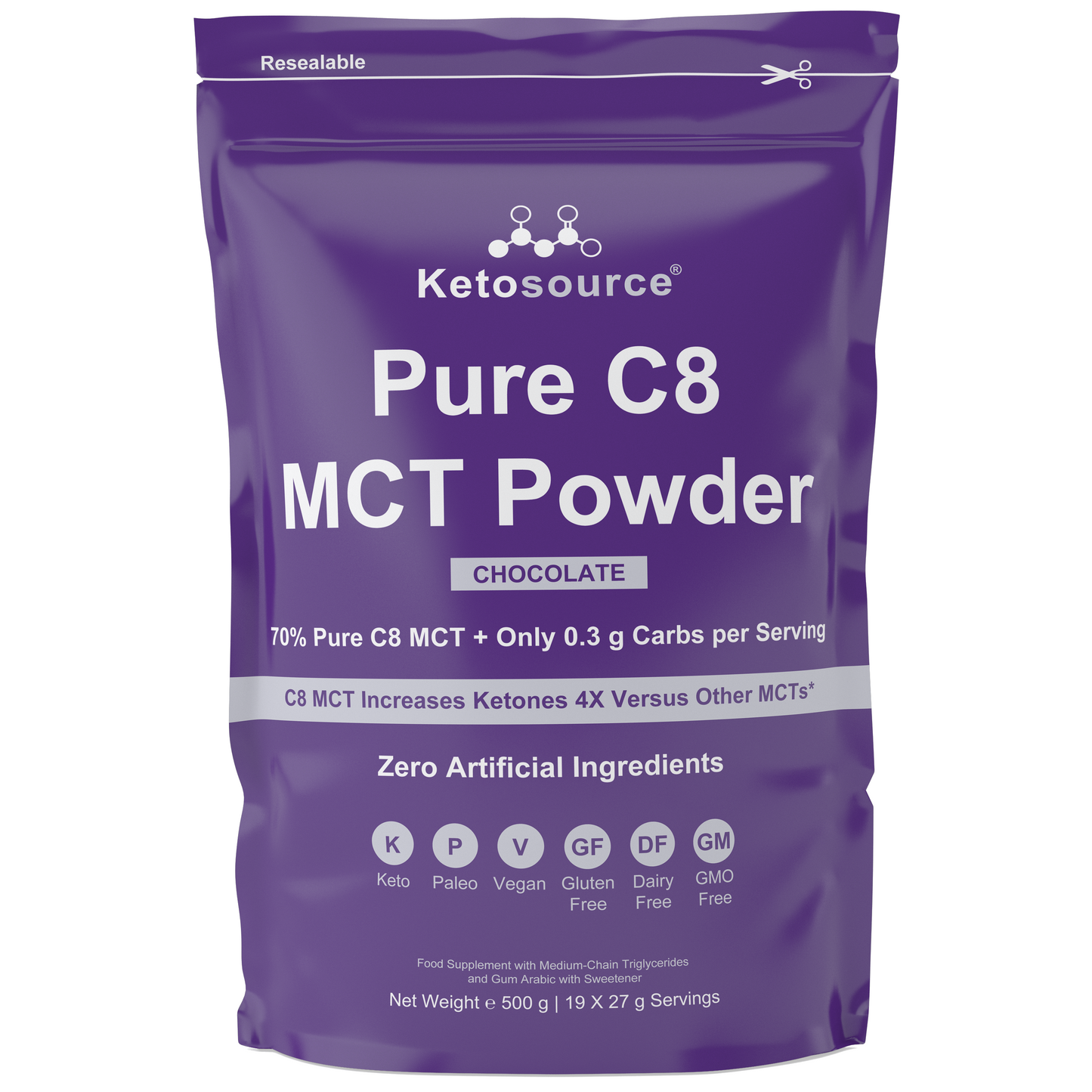 Case of 10 x Ketosource Pure C8 MCT Powder (500g Chocolate)